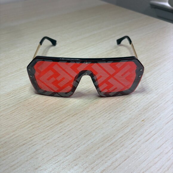 Sporty Red Monolens Sunglasses - Industrial Black and Gold Design - Picture 6 of 6